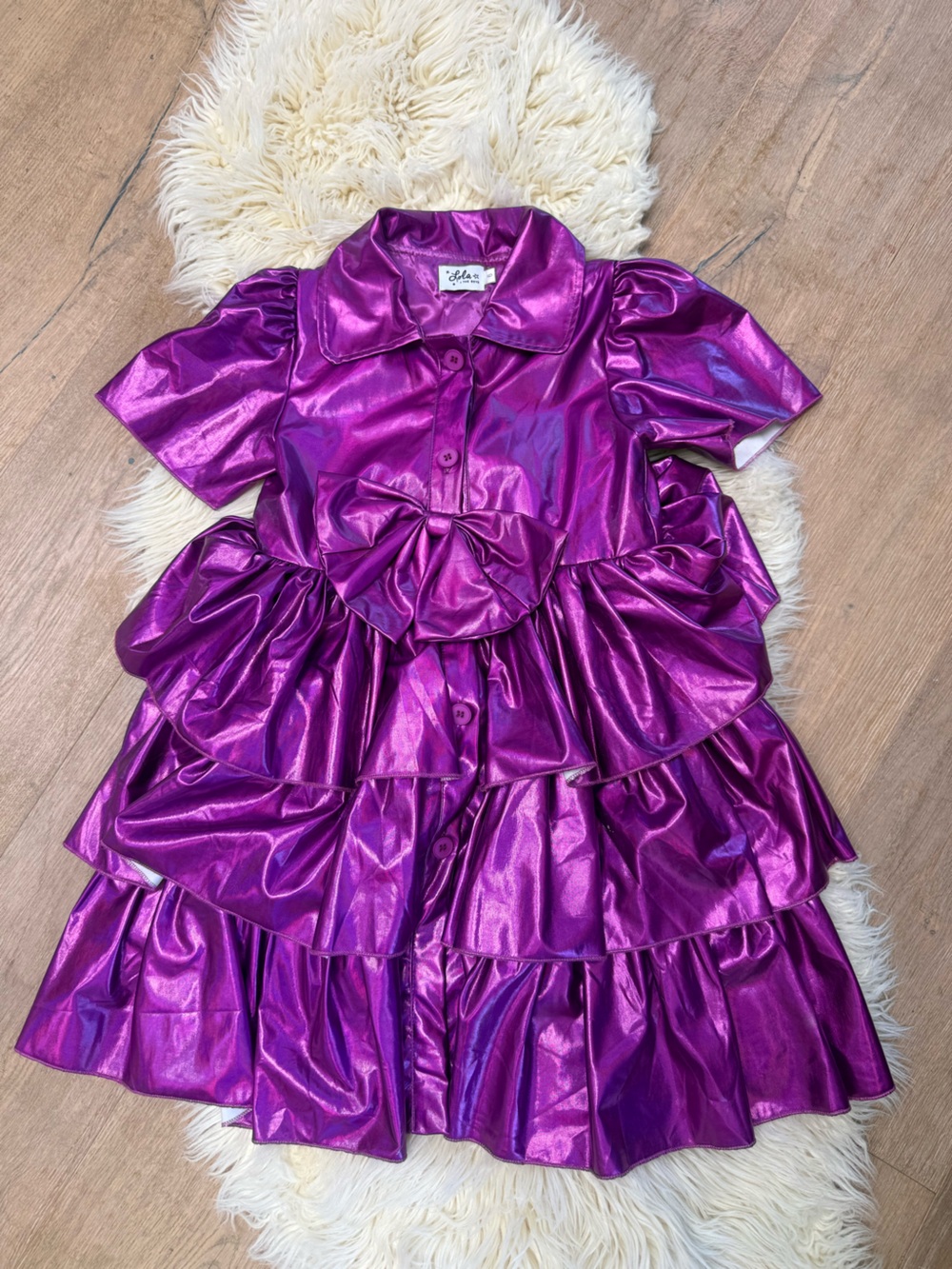 Lola & the Boys:  Shiny Metallic Magenta Tiered Costume Dress with Bow